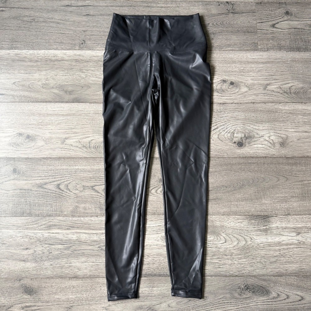 Black Faux Leather High Waisted Leggings Stretch Liquid Look Pants Small